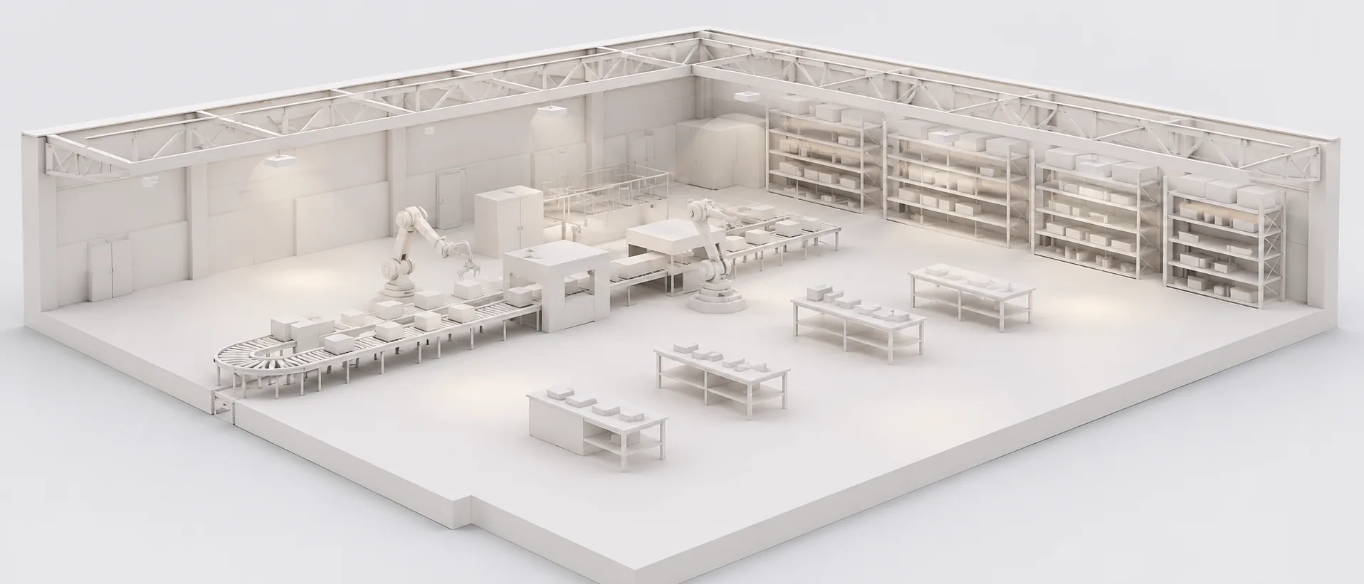 Production floor rendered in white