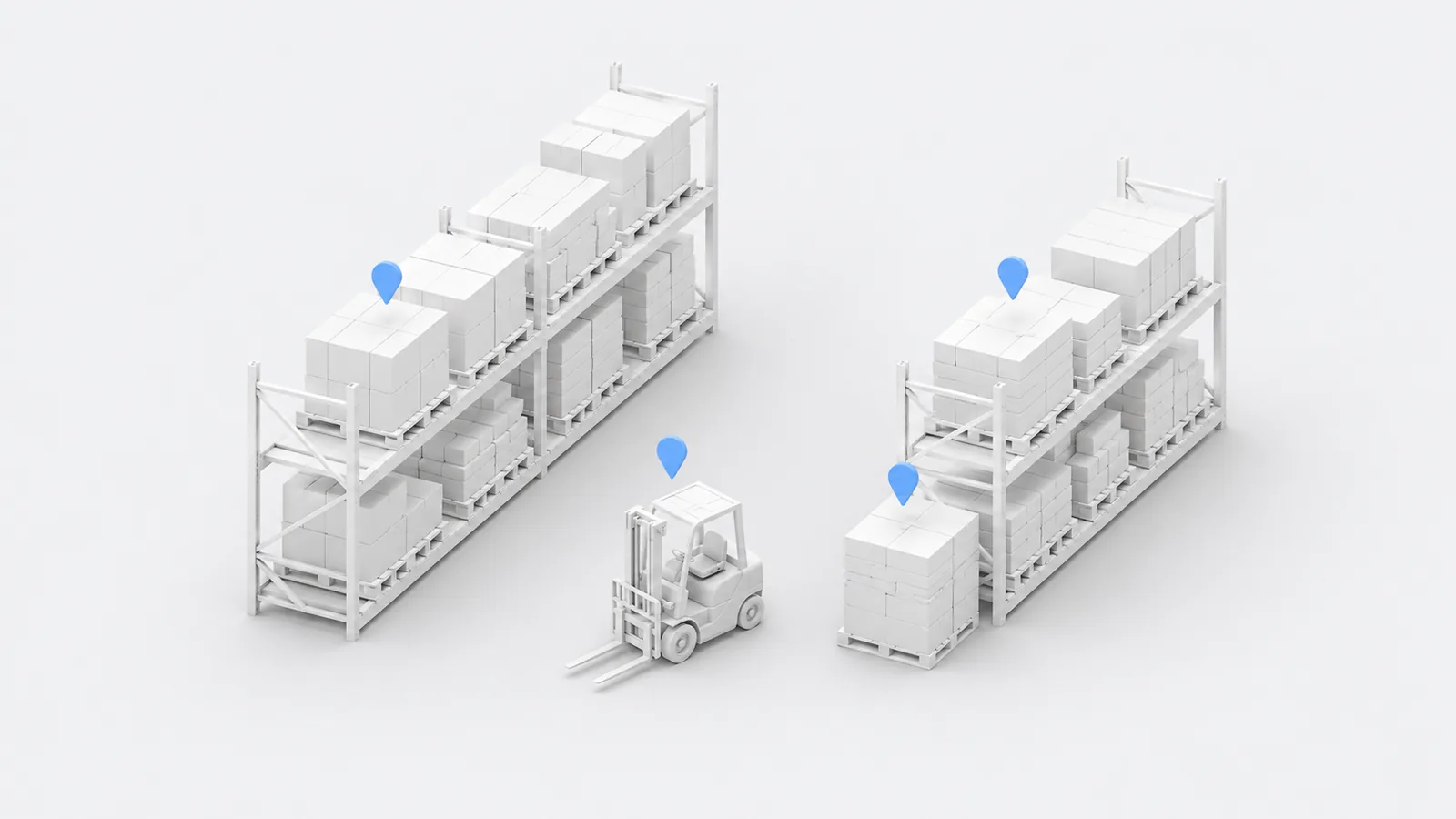 Indoor asset tracking pins over pallets and a forklift